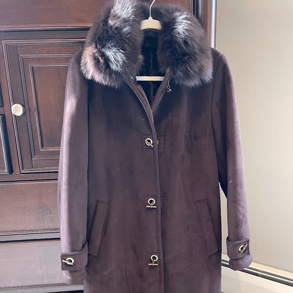 DANA BUCHMAN Size SMALL Faux Suede Plush Lined Fur Collar Winter Coat - Picture 1 of 4